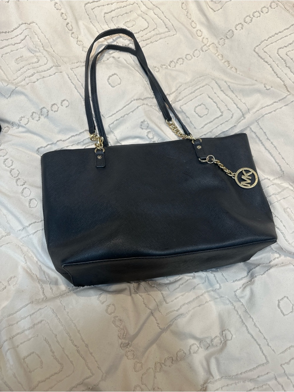 Michael Kors Black Leather Shoulder Tote with Gold MK Charm